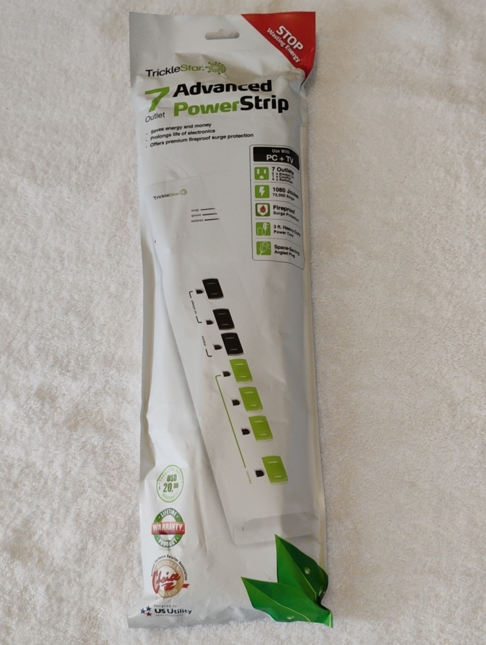 Tricklestar Advanced Power Strip 7-Outlet Surge Protector - White/Green